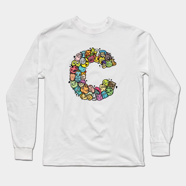 Alphabet Monster Doodle Letter C Monogram Long Sleeve T-Shirt by Irene Koh Studio